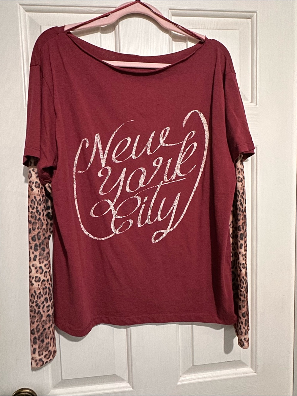 Urban Outfitters Burgundy Short-Sleeve Tee with Leopard-Print Long Sleeves